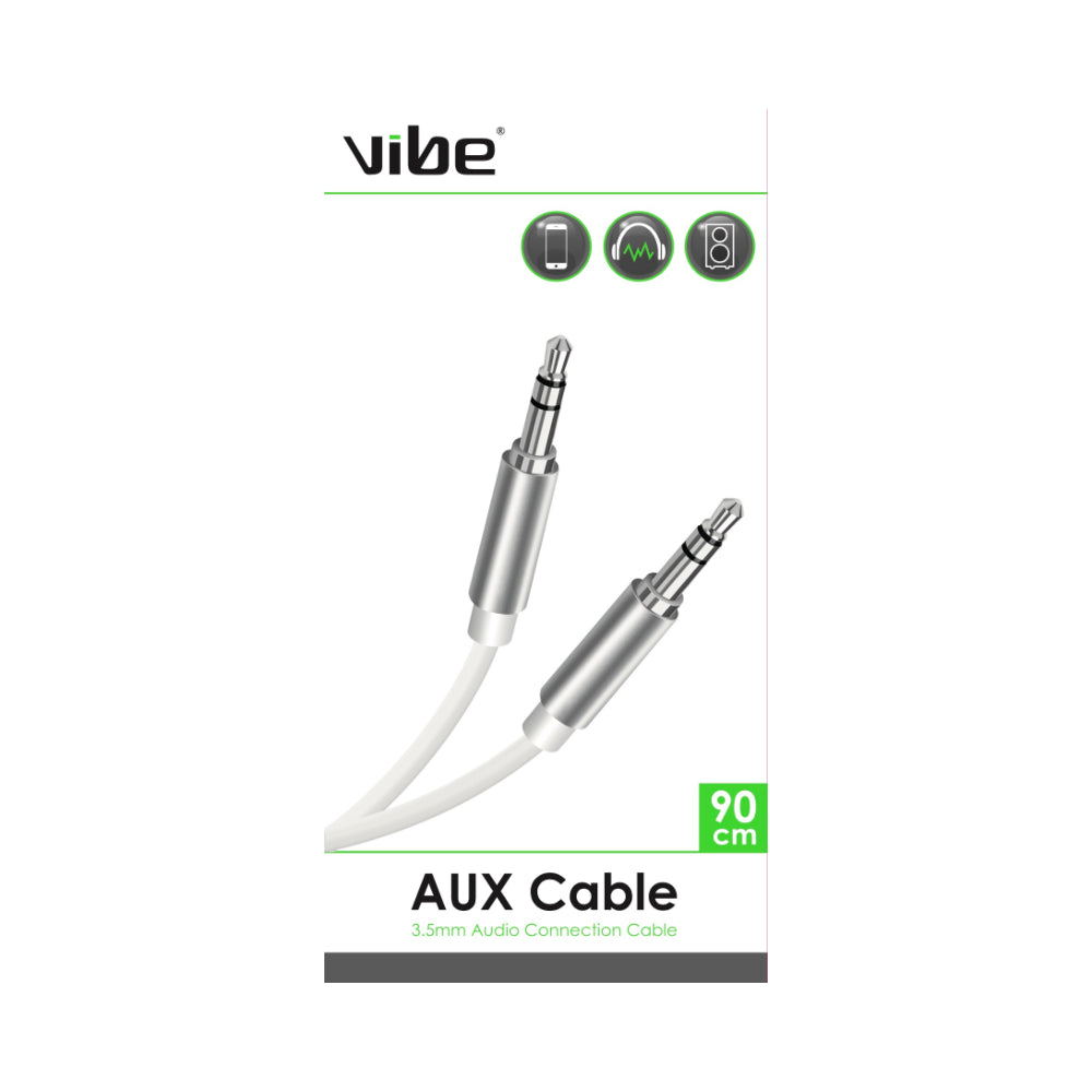 VIBE 3.5mm AUX Audio Connection Cable | White, 90cm, Male to Male