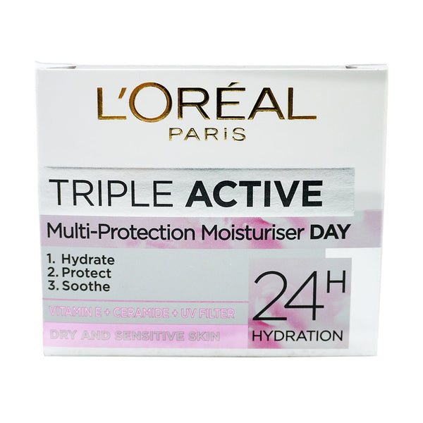 Loreal Triple Active Day Cream Moisturiser | 50 ml, Dry & Sensitive, 24H