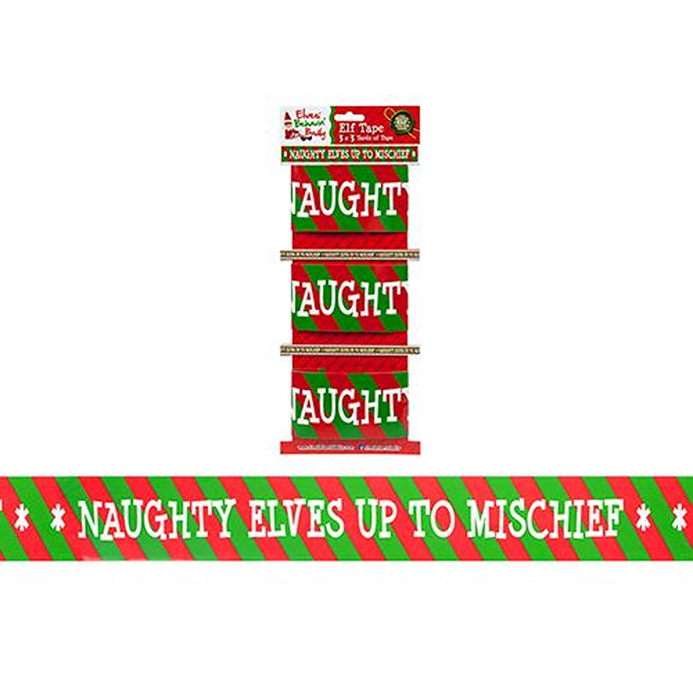 Christmas Elf Design Printed Tape | Red and Green Stripe, Naughty Lettering