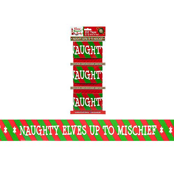 Christmas Elf Design Printed Tape | Red and Green Stripe, Naughty Lettering