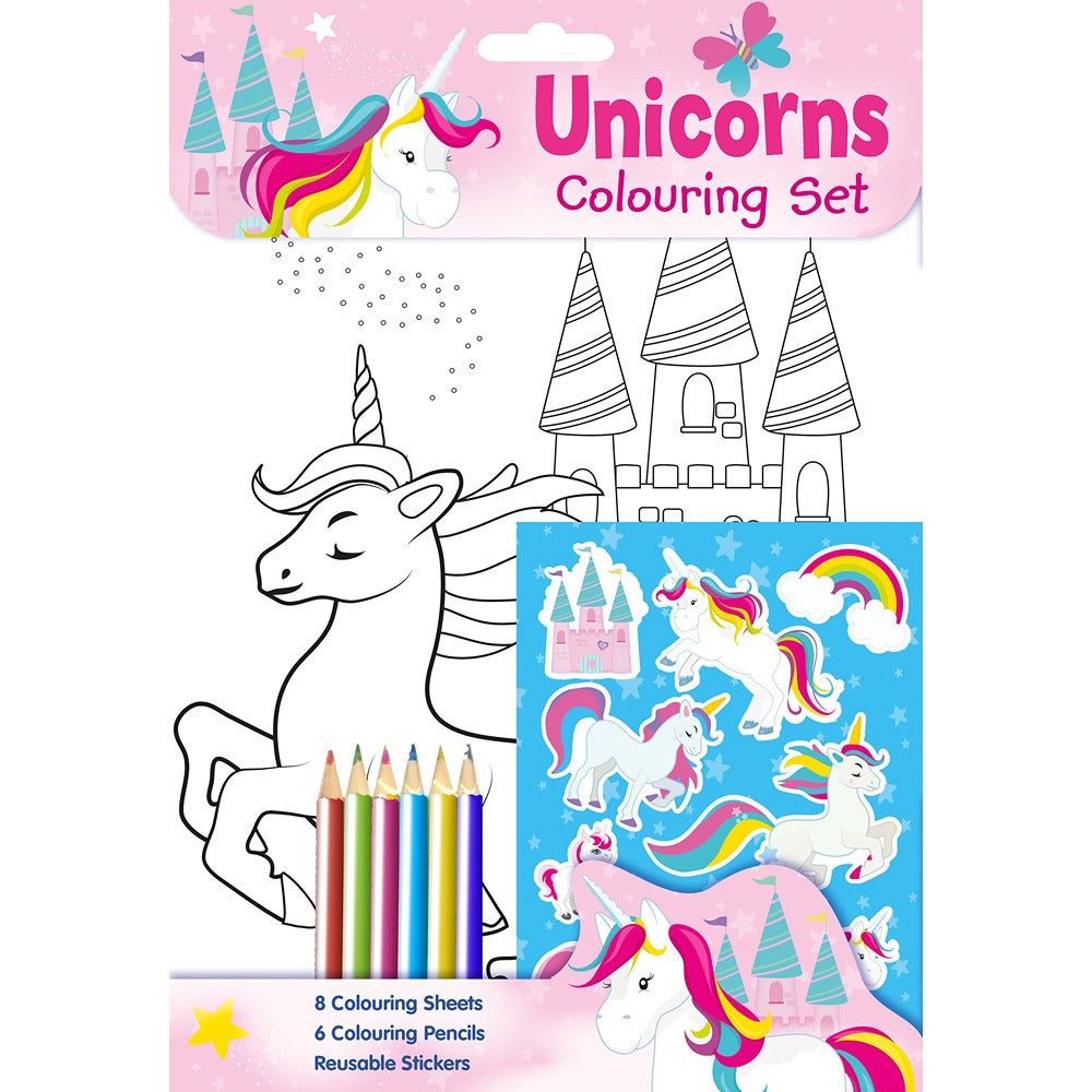Unicorns Unicorn Colouring Set | 8 Sheets, 6 Pencils, Reusable Stickers