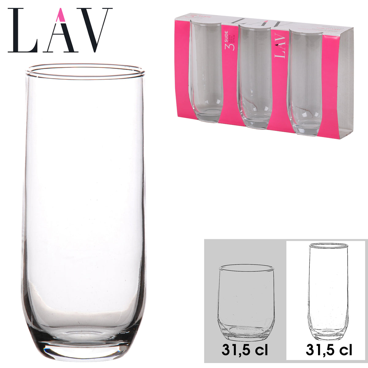LAV Sude Hi Ball Glass Set | Durable, 31.5 cl Capacity | Pack of 3