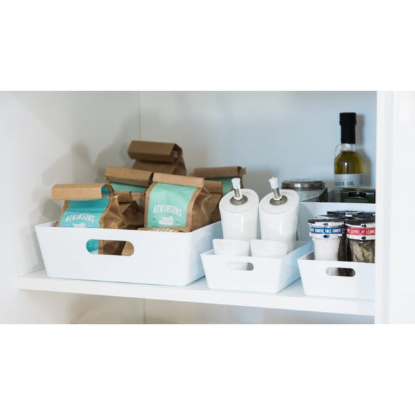 Studio White Rectangular Storage Basket | Cut-Out Handles, Low-Profile