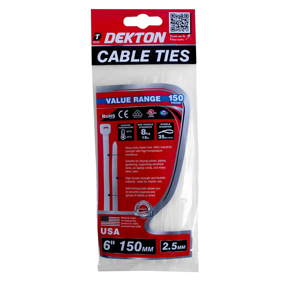 Dekton White Cable Tie - 150 Pack