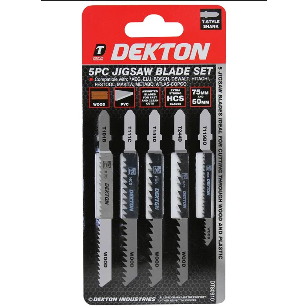 Dekton Assorted Jigsaw Blade Set | 5 Piece, T-Shank, Wood & Plastic