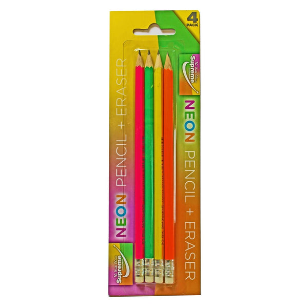 Supreme Triangular Neon HB Pencils with Erasers | Pack of 4