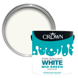 Crown Paint Pure Brilliant White Mid Sheen Emulsion | 2.5L, Interior Use