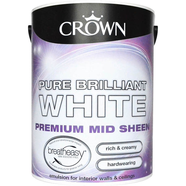 Crown Paint Mid Sheen Pure Brilliant White Emulsion | 5L, Walls & Ceilings