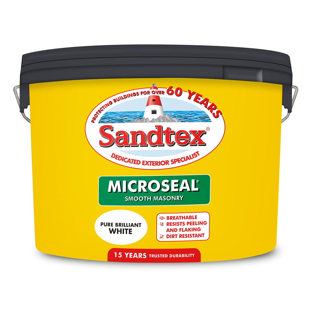 Sandtex Microseal Smooth Masonry Paint Brilliant White | 10L, 15 Year Durability