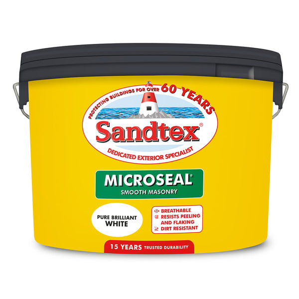 Sandtex Microseal Smooth Masonry Paint Brilliant White | 10L, 15 Year Durability