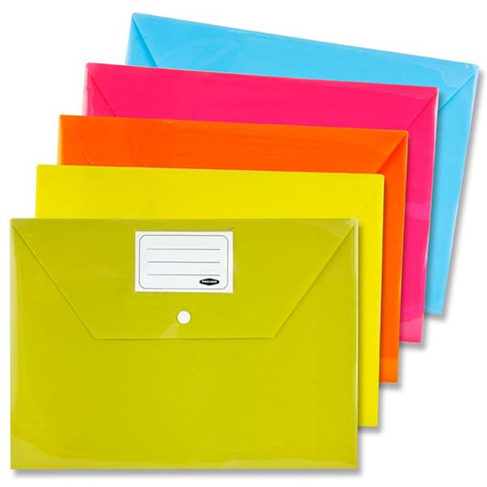 Premier Office A4 Document Wallets | Pack of 5 | Bright Colours