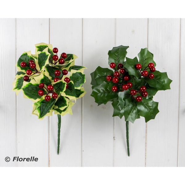 Christmas Artificial Holly and Berry Bush | 2 Colours Assorted, Red Berries