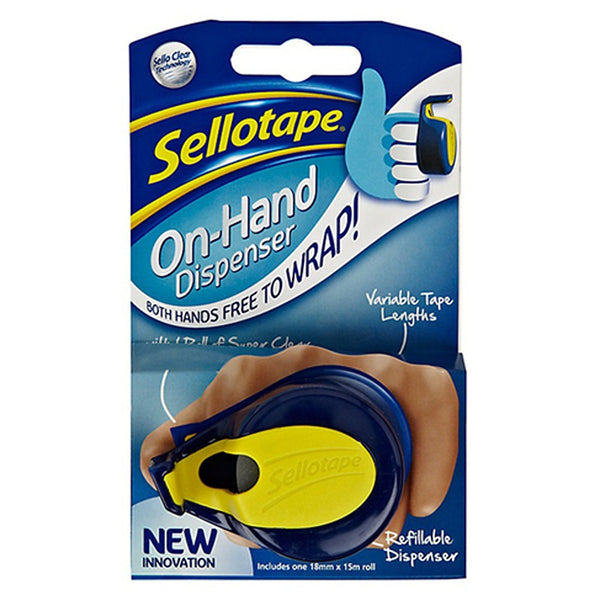 Sellotape On-Hand Tape Dispenser | Finger-Mounted, Cutter, Refillable 18mm