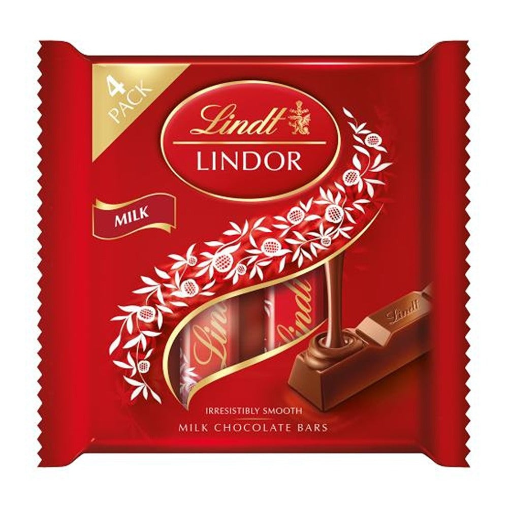 Lindt Lindor Milk Chocolate Bars Pack of 4 - Smooth Melting Centre, 100g