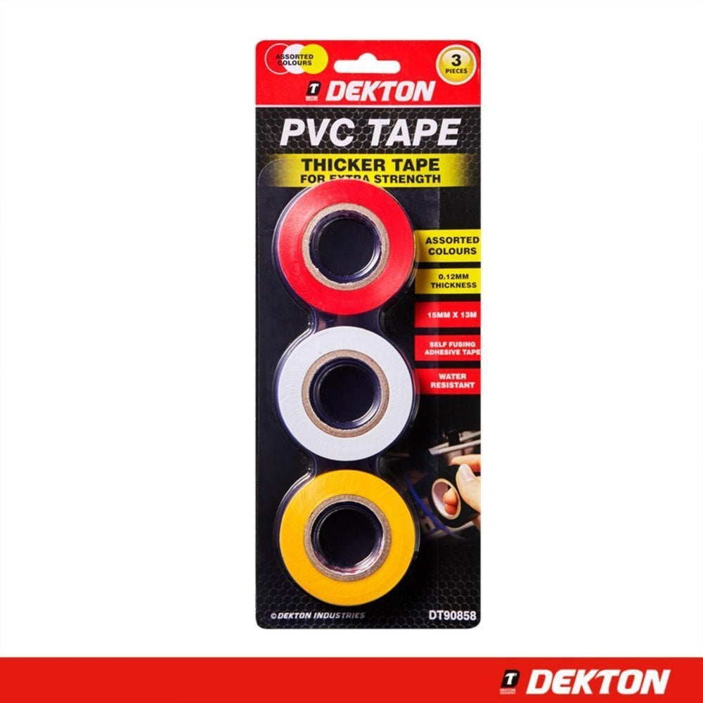 Dekton PVC 15mm X 13mtr Tape 3 Piece Set (Yellow, Red & White)