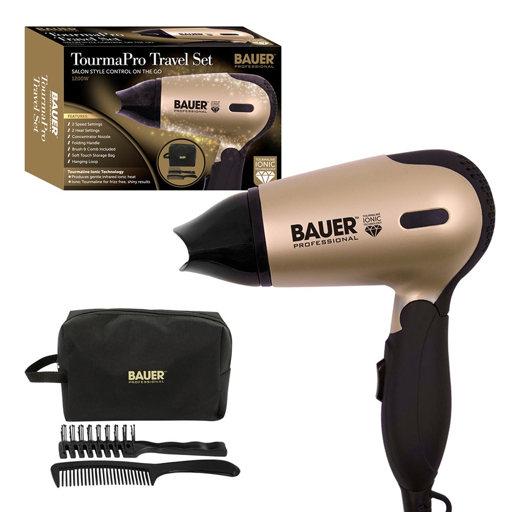 Bauer Tourmaline Travel Hair Dryer Set | 1200W, Ionic, Two Speeds
