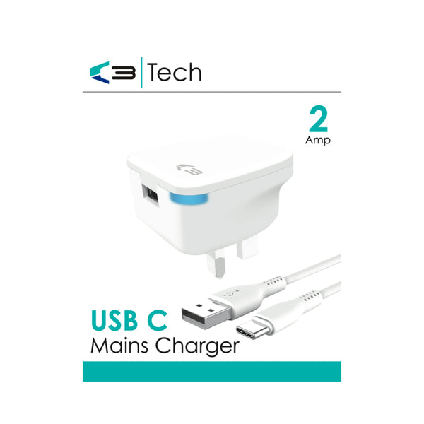 VIBE USB-C Mains Charger | 2 Amp, White, USB-A to USB-C Cable