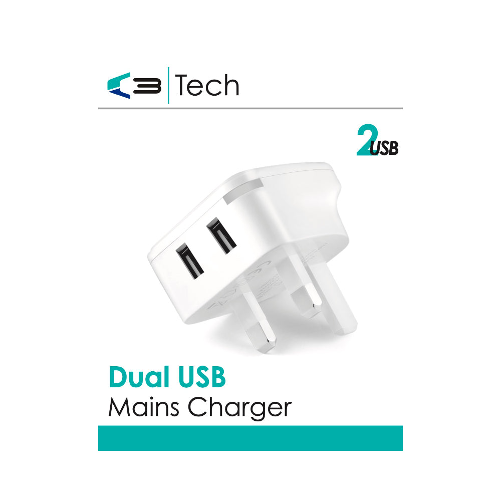 VIBE C3 Dual USB Mains Charger | UK 3-Pin Plug, Twin Port, White