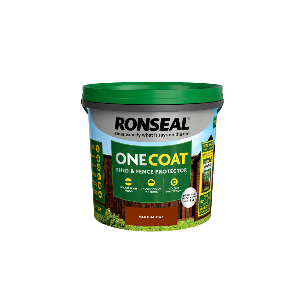 Ronseal One Coat Fence and Shed Wood Treatment | Medium Oak, 5L