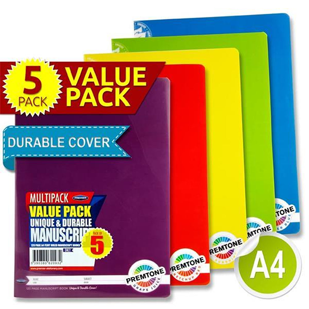 Premto A4 Durable Cover Manuscript Book with Margins | 120 Page | Assorted | Pack of 5