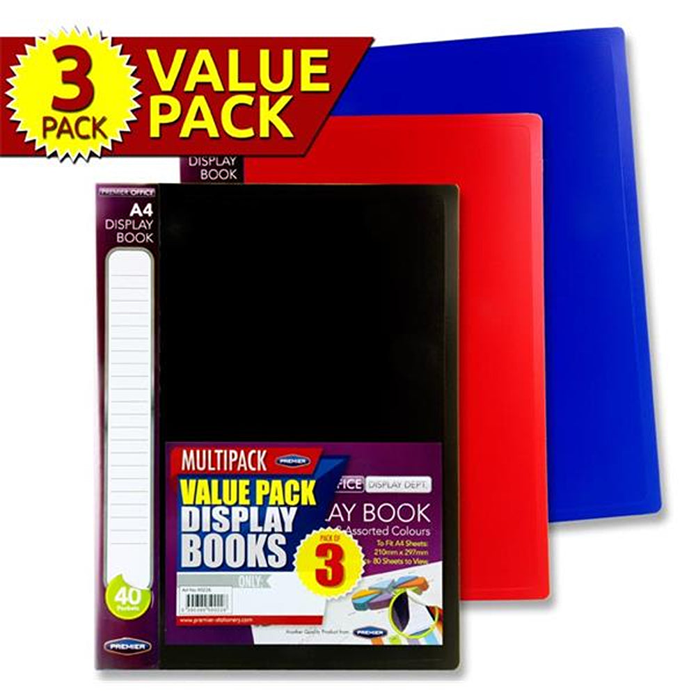 Premier Office A4 40-Pocket Display Book | Pack of 3 | Bold Colours