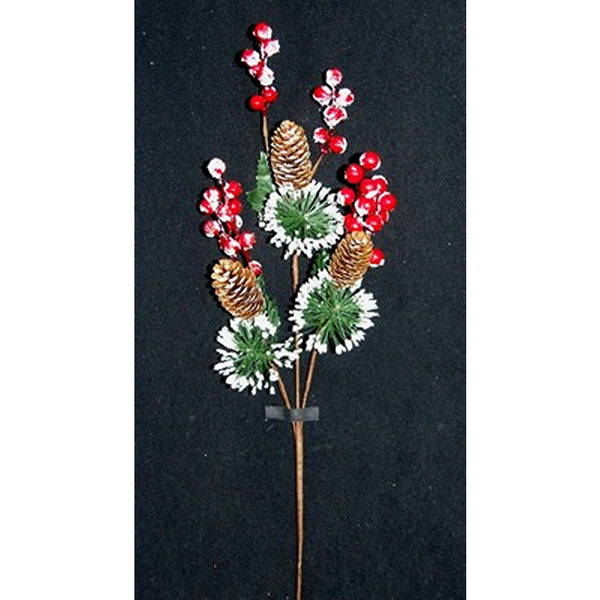 Christmas Berry Cone Spray Artificial Stem | Red Berries, Frosted Pinecones