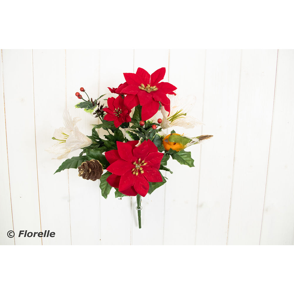 Christmas Robin Poinsettia Bush | Red, White Lily Accents, Secure Clip