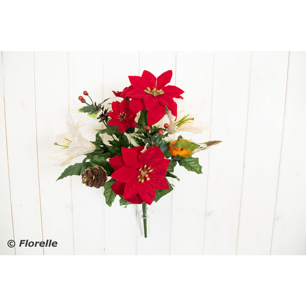 Christmas Robin Poinsettia Bush | Red, White Lily Accents, Secure Clip