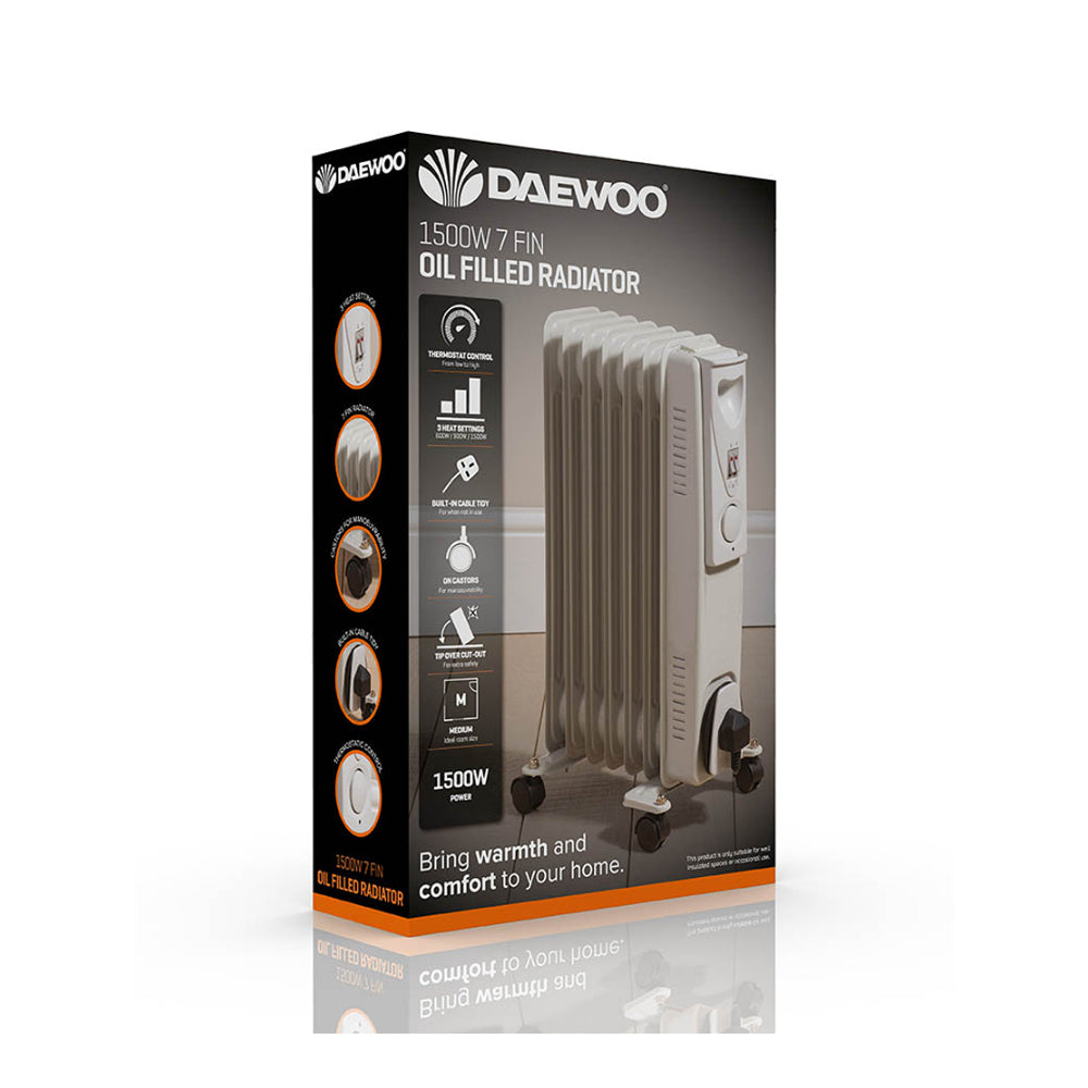 Daewoo Oil Filled Radiator - 1500W - 7-Fin Adjustable Thermostat