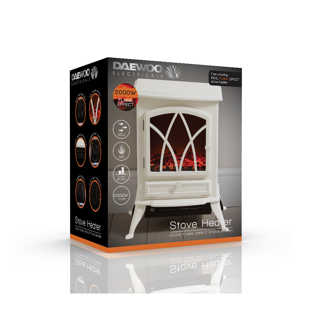Daewoo Cream Electric Stove Heater | 2000W, Flame Effect, Freestanding