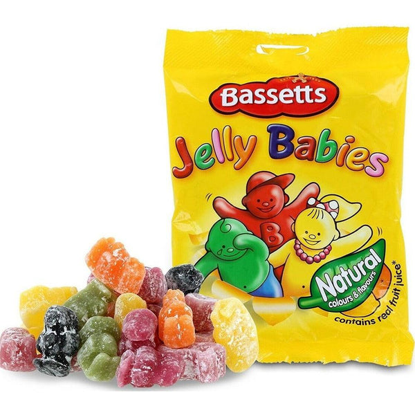 Bassetts Jelly Babies: Fruity, chewy candies in resealable bags.