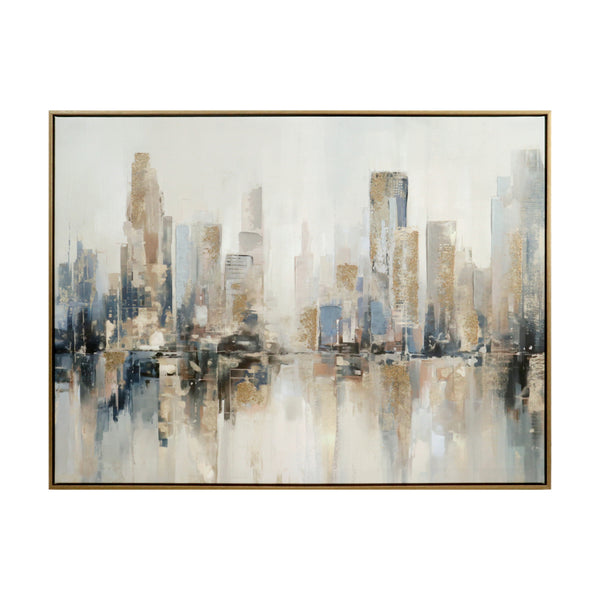 Abstract Cityscape Framed Canvas Wall Art | Gold-Effect Accents, Neutral Tones