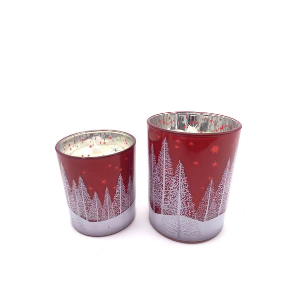 Christmas Glass LED Tree Candle Holder | Red, White Forest Motifs, 10cm