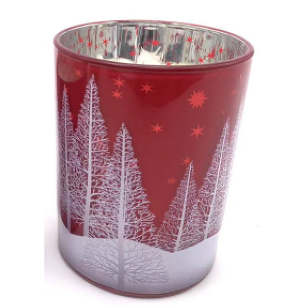 Christmas Glass LED Tree Candle Holder | Red, Reflective Inner Finish, H 12.5cm