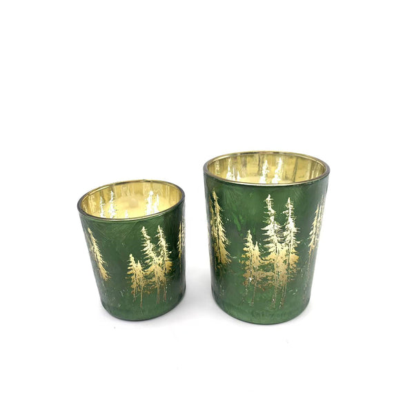 Christmas Glass LED Tree Candle Holder | Green, Gold Interior, 10cm