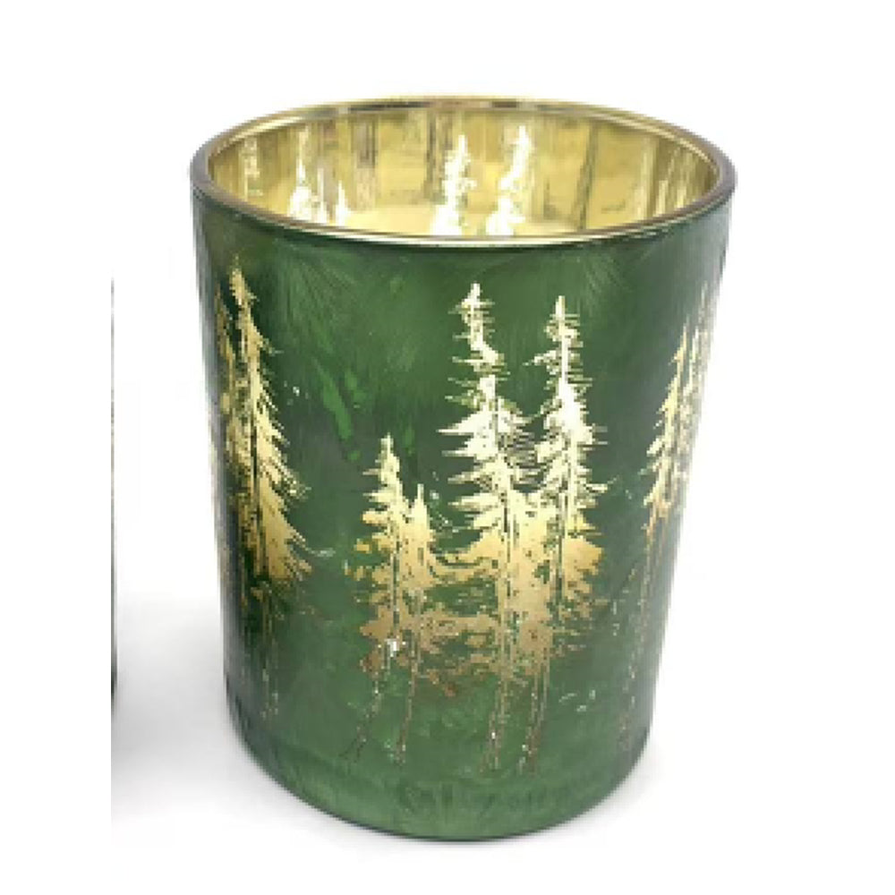 Christmas Glass Tree Motif Candle Holder | Green, H 12.5cm, Gold Interior