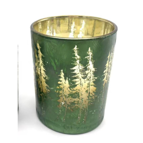 Christmas Glass Tree Motif Candle Holder | Green, H 12.5cm, Gold Interior
