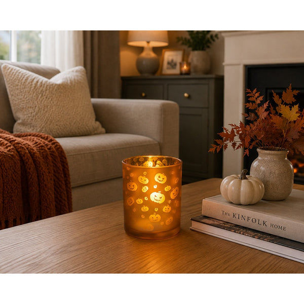 Halloween Pumpkin Glass LED Candle Holder - Amber, Height 12.5cm