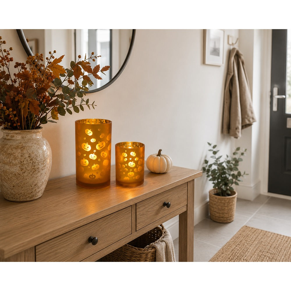 Halloween Pumpkin Glass LED Candle Holder - Amber, Height 12.5cm