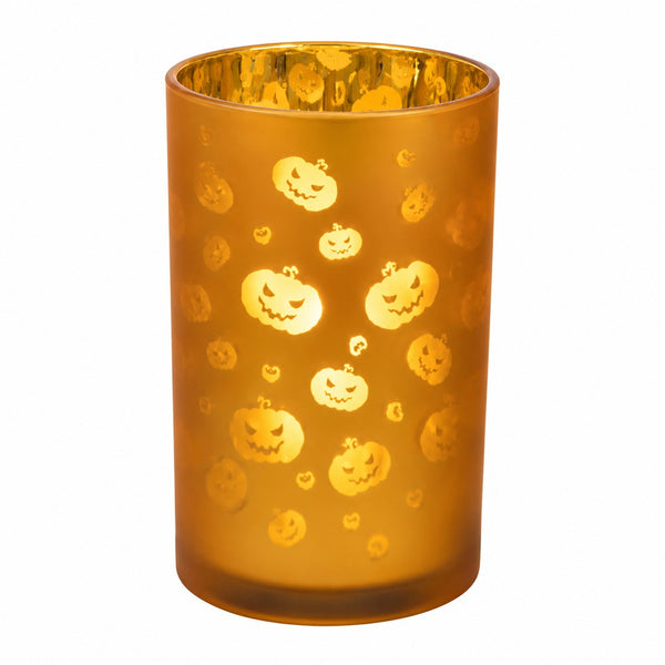 Halloween Pumpkin Glass LED Candle Holder - Warm Amber Glow, 18cm
