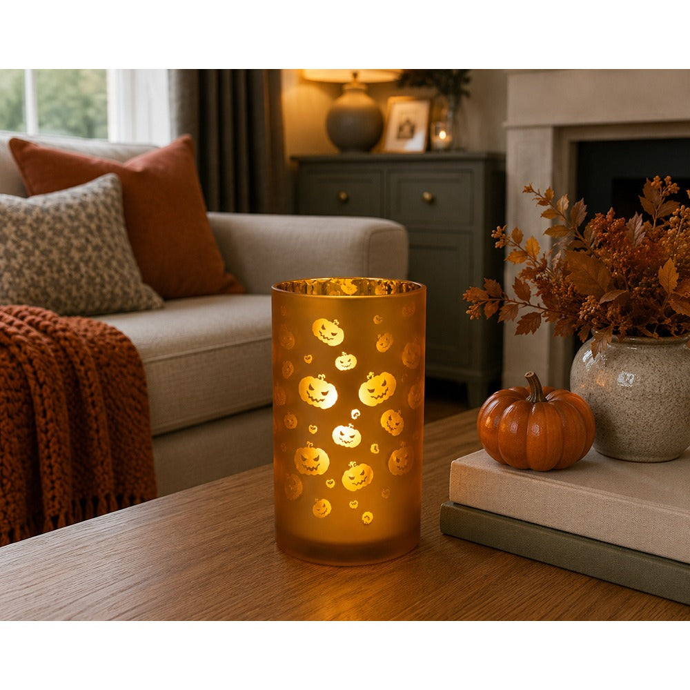 Halloween Pumpkin Glass LED Candle Holder - Warm Amber Glow, 18cm
