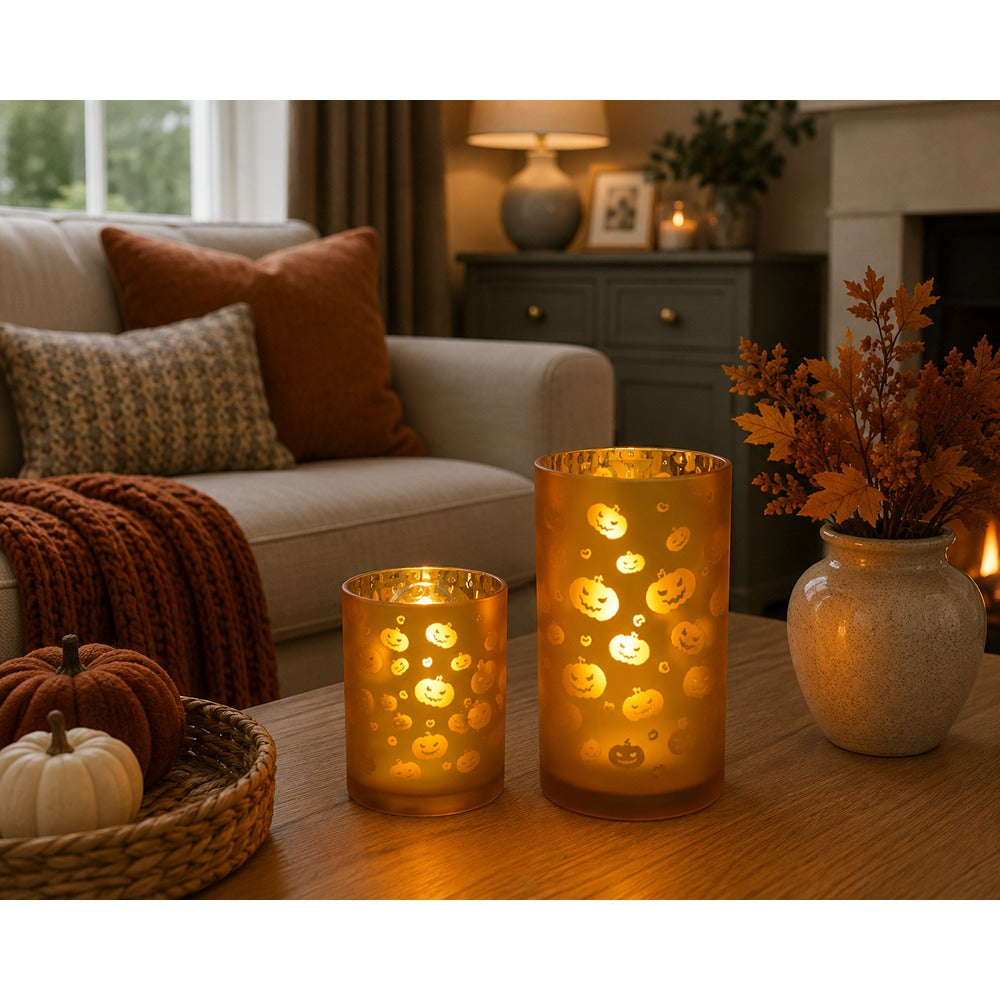 Halloween Pumpkin Glass LED Candle Holder - Warm Amber Glow, 18cm