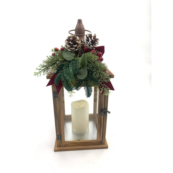 Christmas Rustic Wooden LED Lantern with Floristry Bow | 45cm, Glass Panels