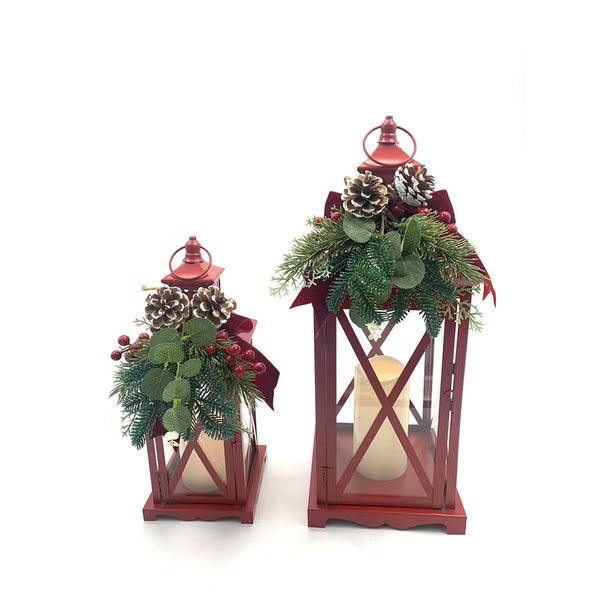Christmas Burgundy Red LED Lantern | 35cm, Pillar Candle Compatible, Loop Handle