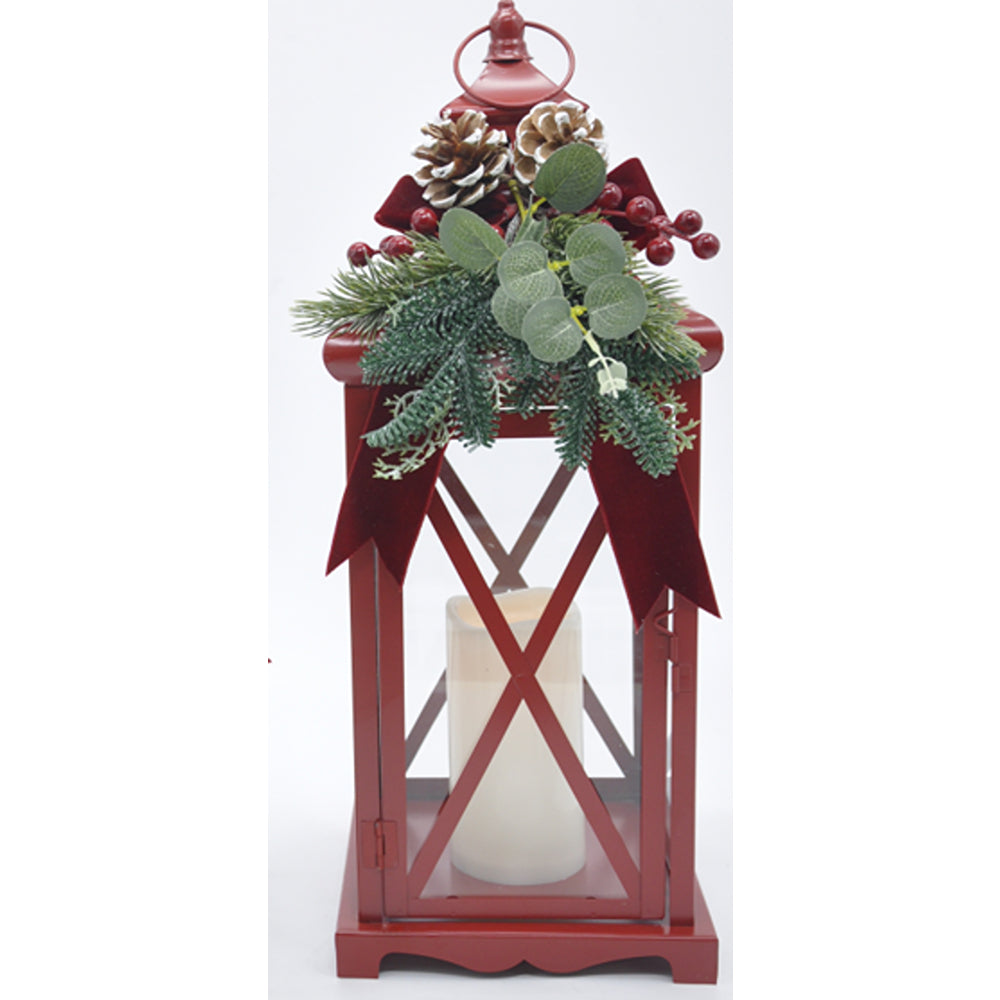 Christmas Red LED Lantern with Bow and Greenery | 50cm, Glass Panels