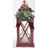 Christmas Red LED Lantern with Bow and Greenery | 50cm, Glass Panels