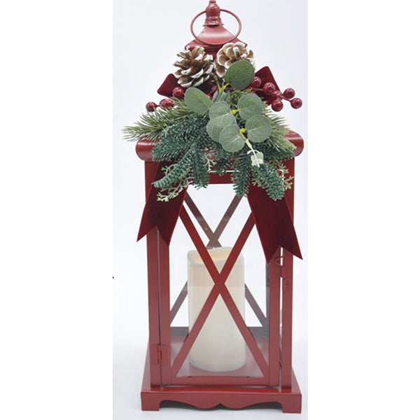 Christmas Red LED Lantern with Bow and Greenery | 50cm, Glass Panels