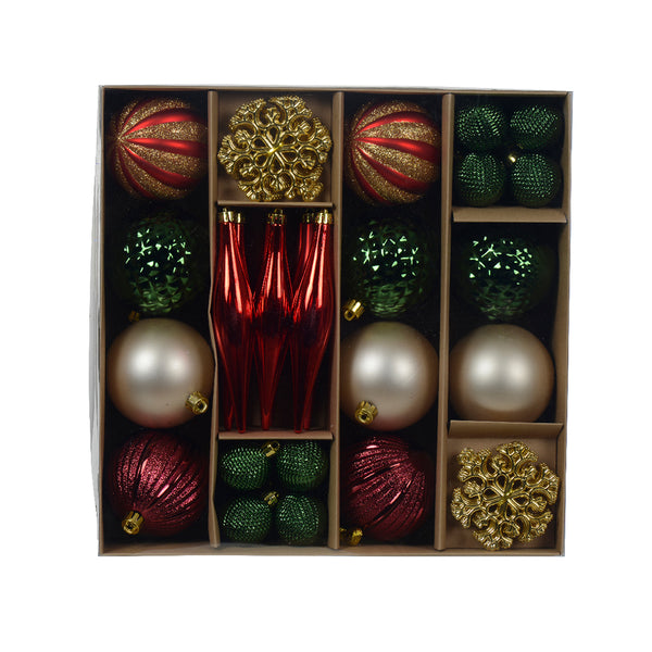 Christmas Assorted Tree Baubles and Icicles Set | Red, Gold, Green, Pearl, 8cm