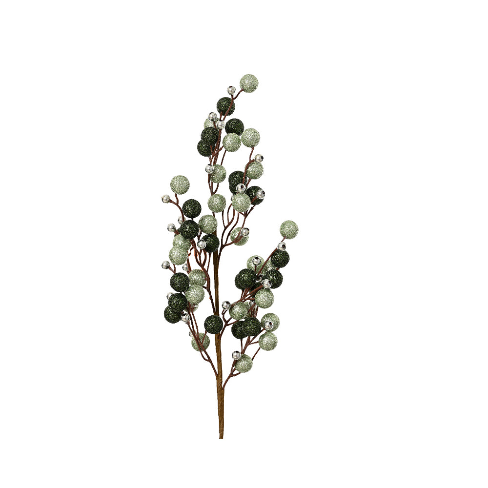 Christmas Beaded Glitter Berry Spray | Green and Silver, 60cm