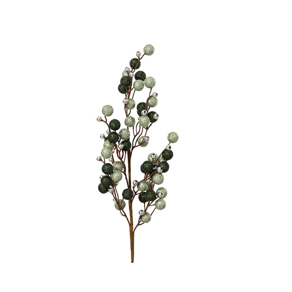 Christmas Beaded Glitter Berry Spray | Green and Silver, 60cm